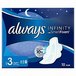 Always Infinity Night (Size 3) Hygienické Vložky Krídelká 10 Revolučná Technológia Always Best Comfort & Protection Vložky